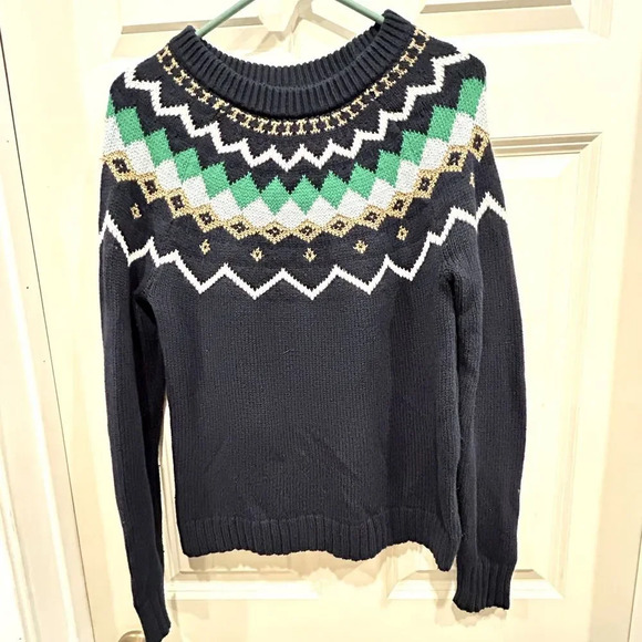 J. Crew Factory Navy‎ Green Gold Long Sleeve Fair Isle Fisherman Sweater Small - Picture 1 of 8